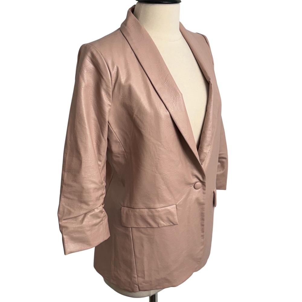 Women 3/4 Ruched Sleeves, Shawl Collar Lapel, Faux Leather Blazer - Picture 5 of 8